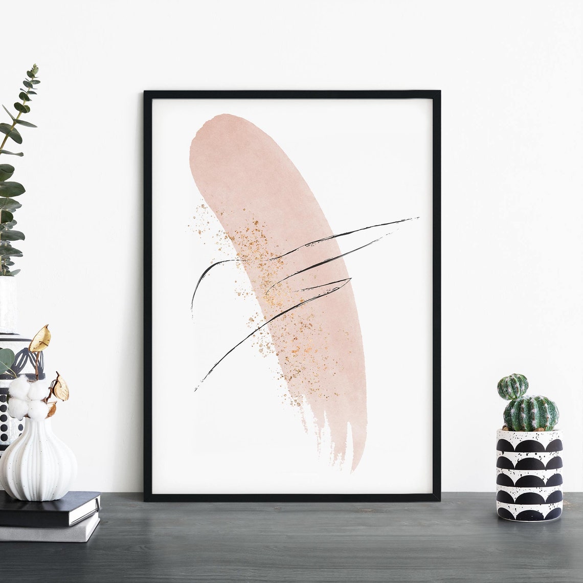 Blush Pink Brushstroke Abstract Gold Accent Modern Calm Wall Poster