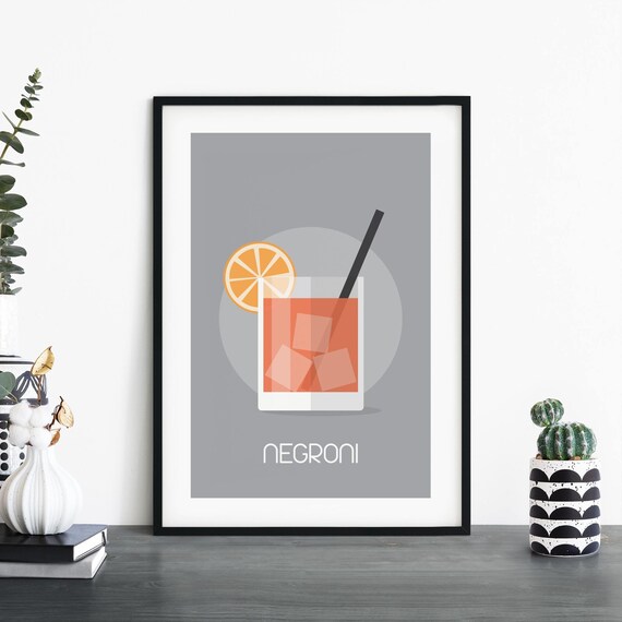 Negroni Cocktail Minimalist Gray Orange Drink Illustration Wall Poster