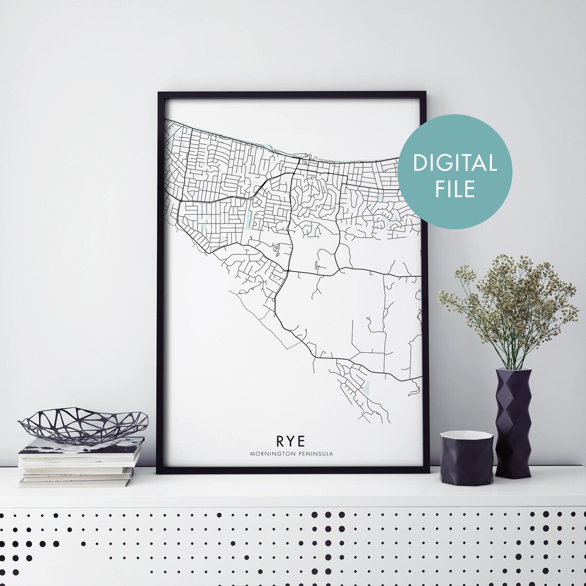Rye Mornington Peninsula Minimalist Monochrome Street Map City Poster