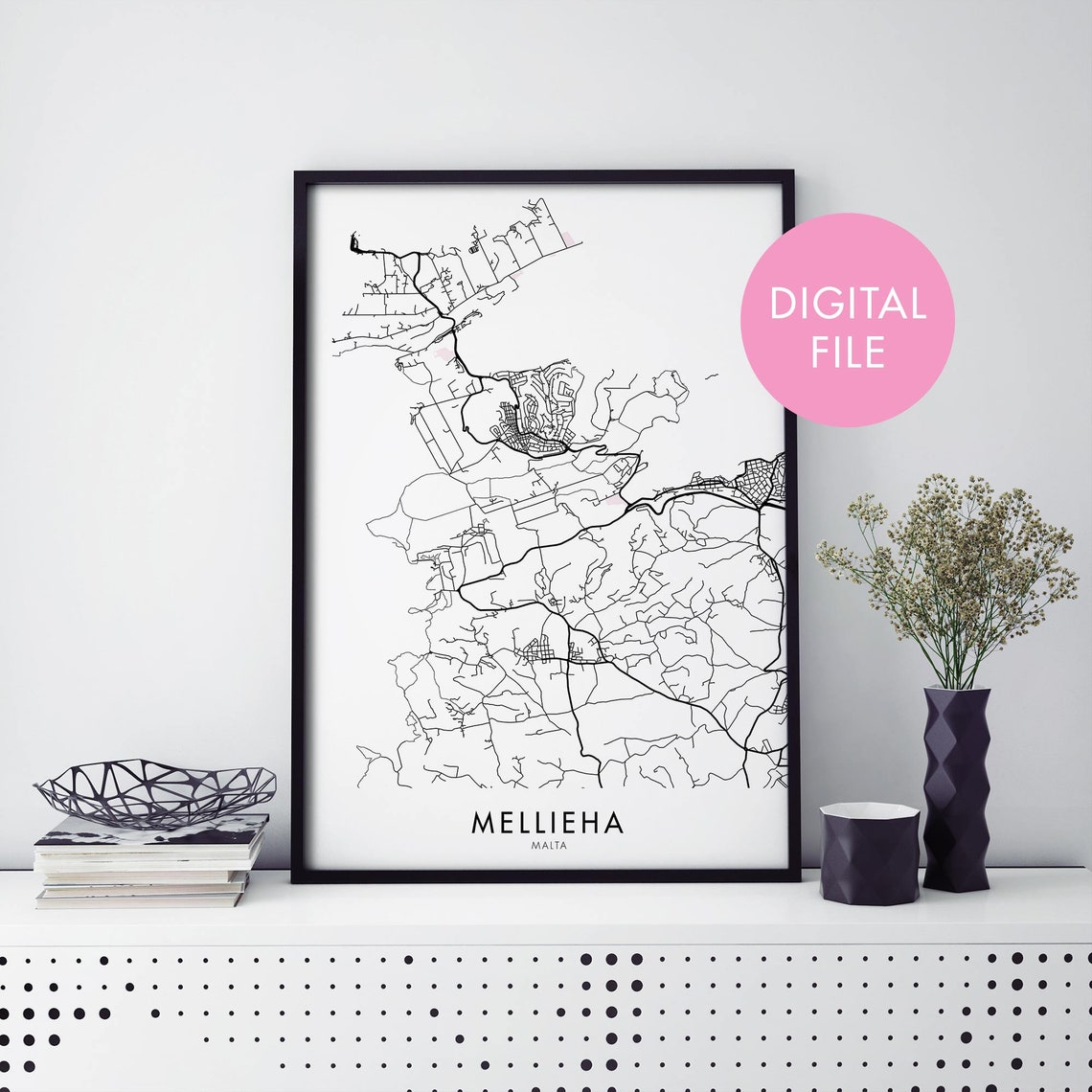 Mellieha Malta Modern Minimalist City Street Map Black White Print