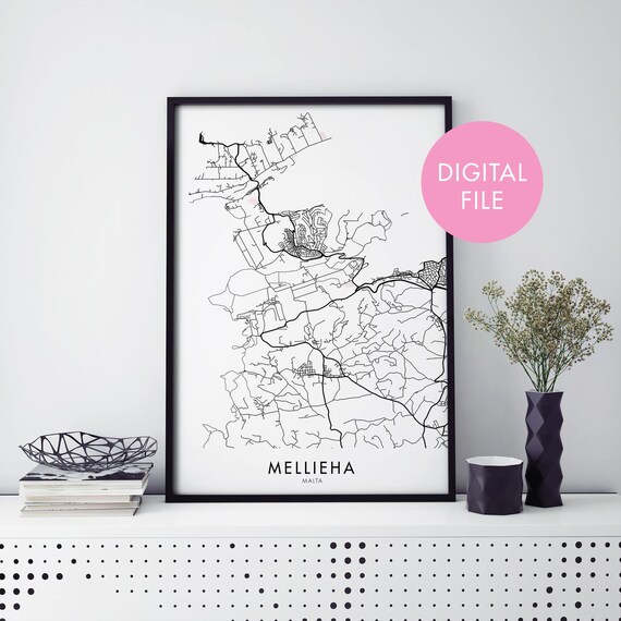 Mellieha Malta Modern Minimalist City Street Map Black White Print