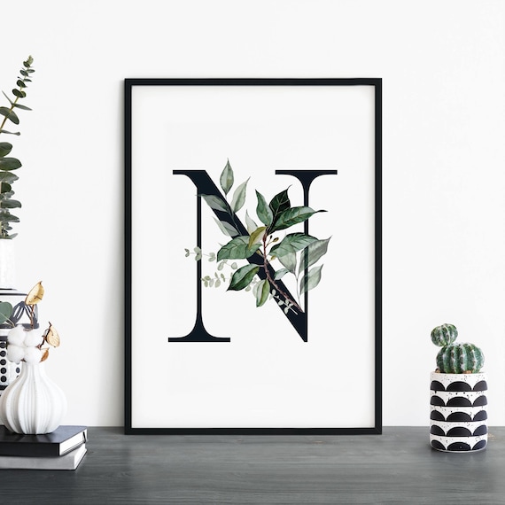 Botanical Letter N Monogram Print with Watercolor Green Foliage