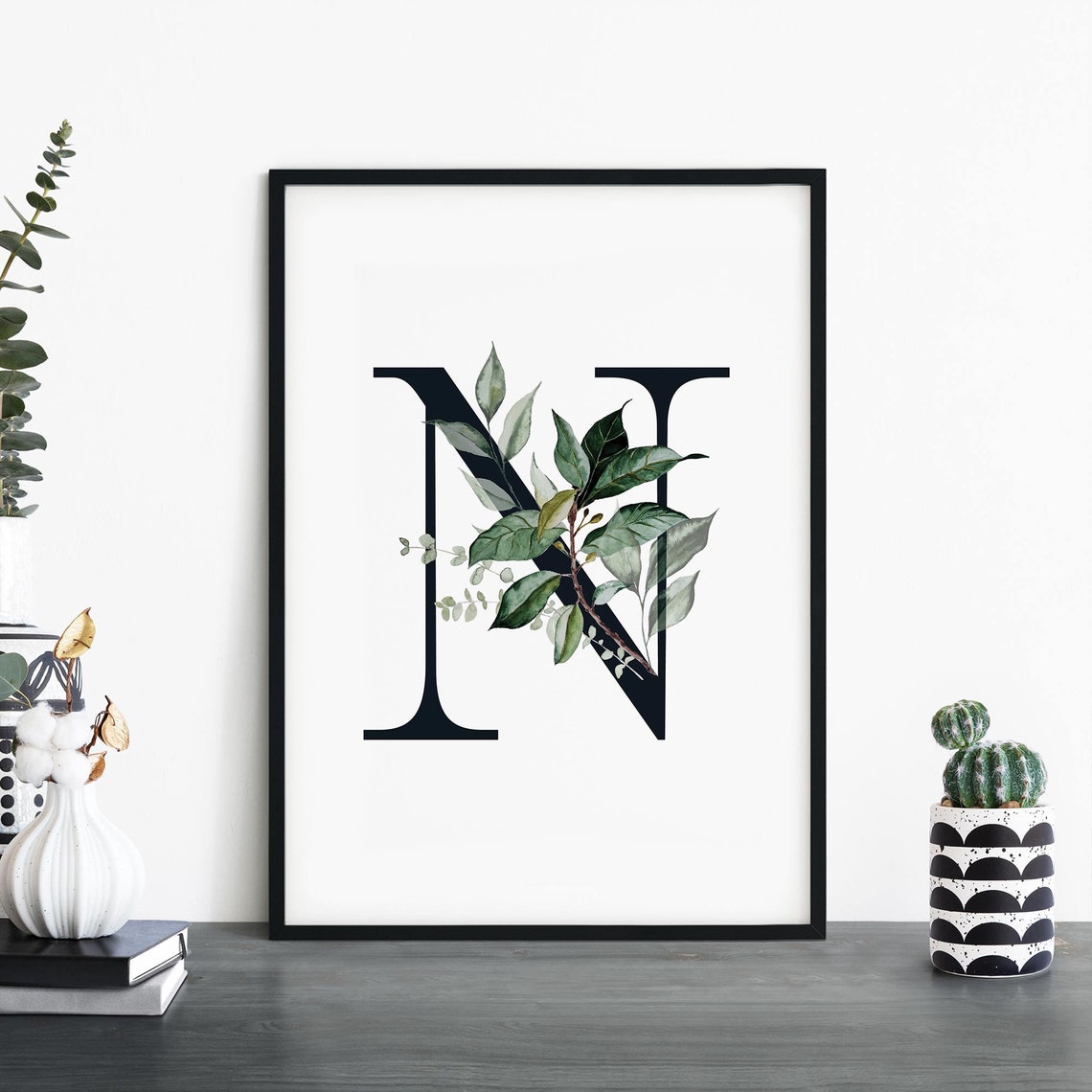 Botanical Letter N Monogram Print with Watercolor Green Foliage