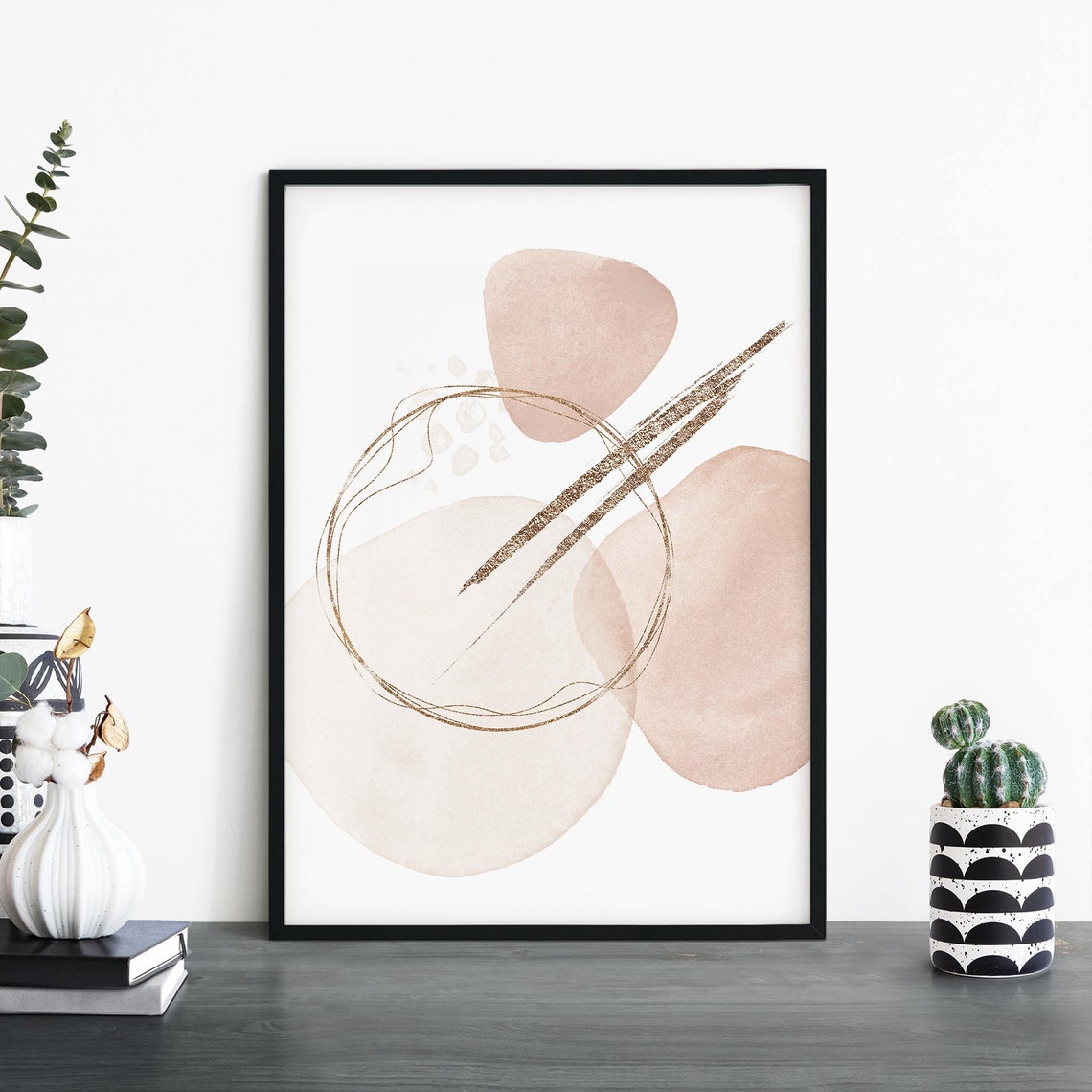 Blush Pink Abstract Shapes Gold Circle Elegant Minimal Poster
