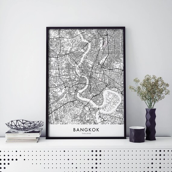 Bangkok Thailand Monochrome Detailed Vintage City Street Map Poster