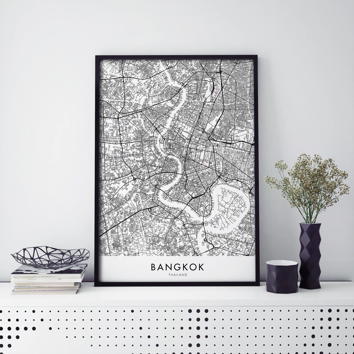 Bangkok Thailand Monochrome Detailed Vintage City Street Map Poster