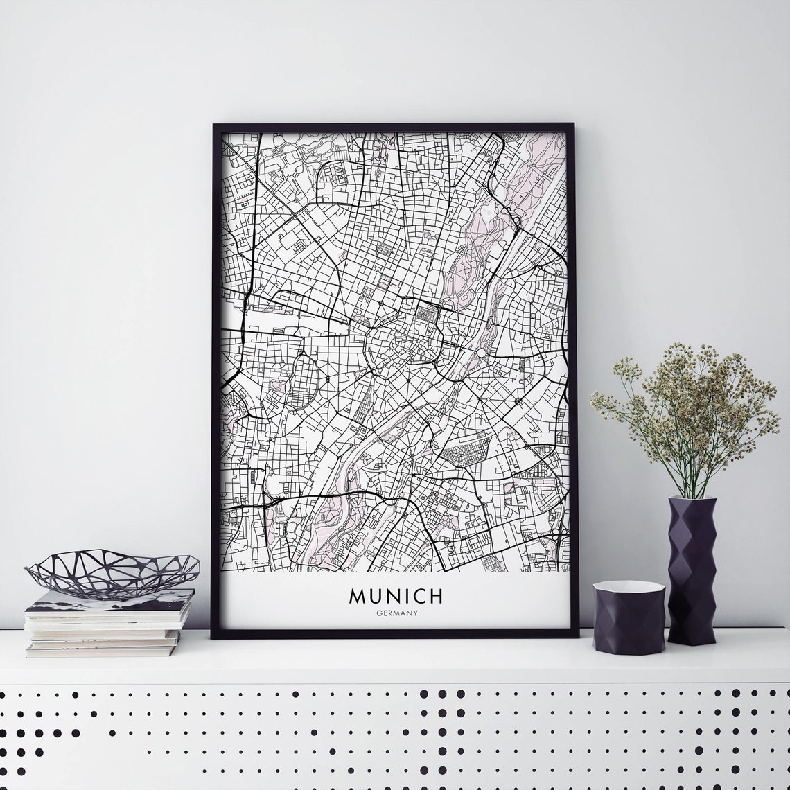 Munich Germany City Street Map Modern Black and White Poster