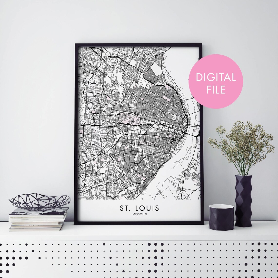 St Louis Missouri Detailed Black and White City Street Map Poster