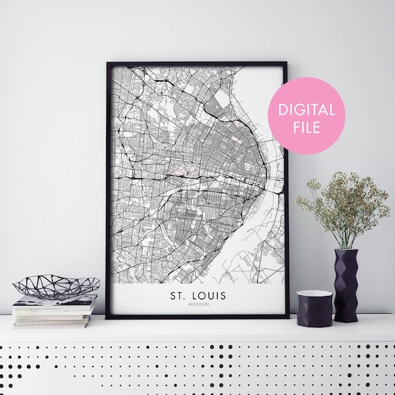 St Louis Missouri Detailed Black and White City Street Map Poster