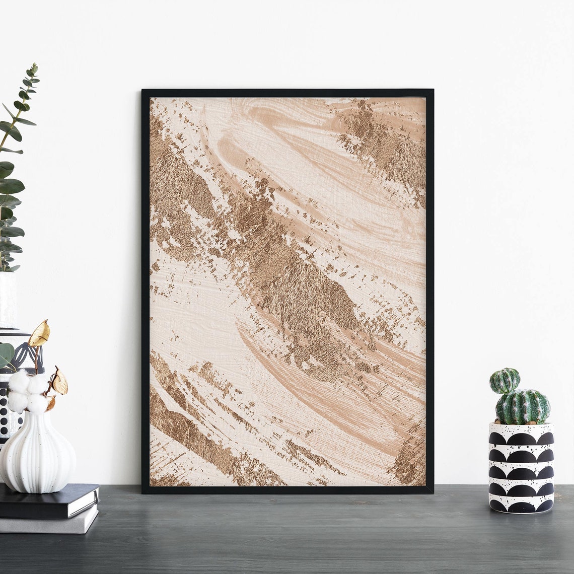 Tan and Gold Diagonal Brushstroke Minimalist Abstract Wall Art