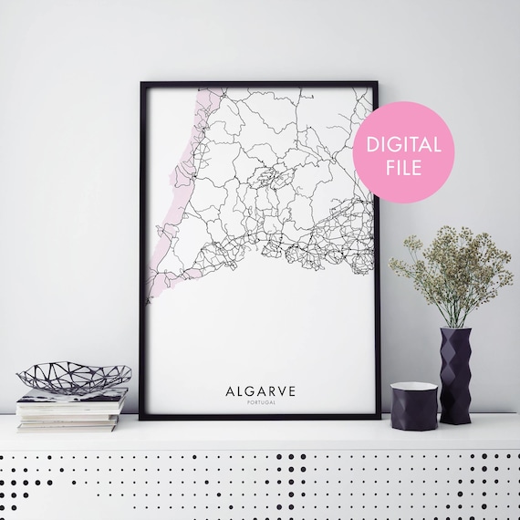 Algarve Portugal Map Black White Pink Digital Download Poster