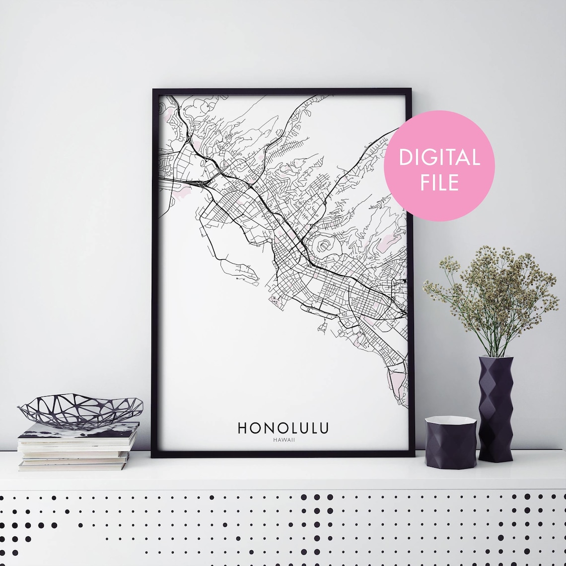 Minimal Black And White Honolulu Hawaii City Street Map Wall Art