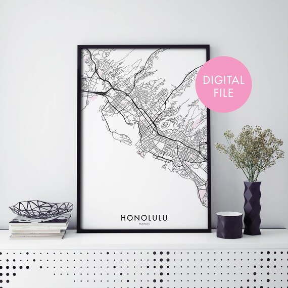 Minimal Black And White Honolulu Hawaii City Street Map Wall Art