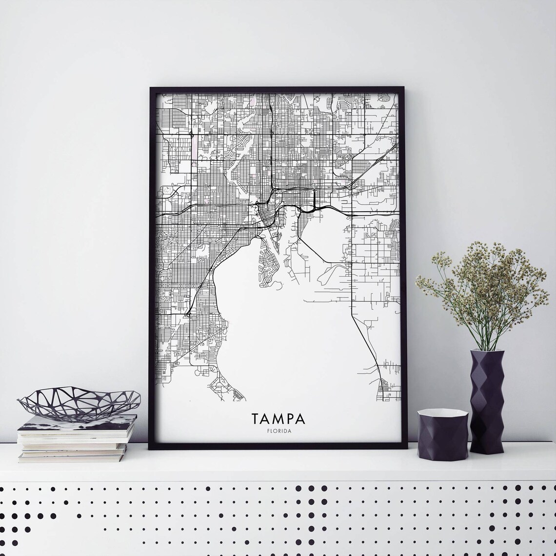 Tampa Florida Black And White Minimalist Street Map Art Poster