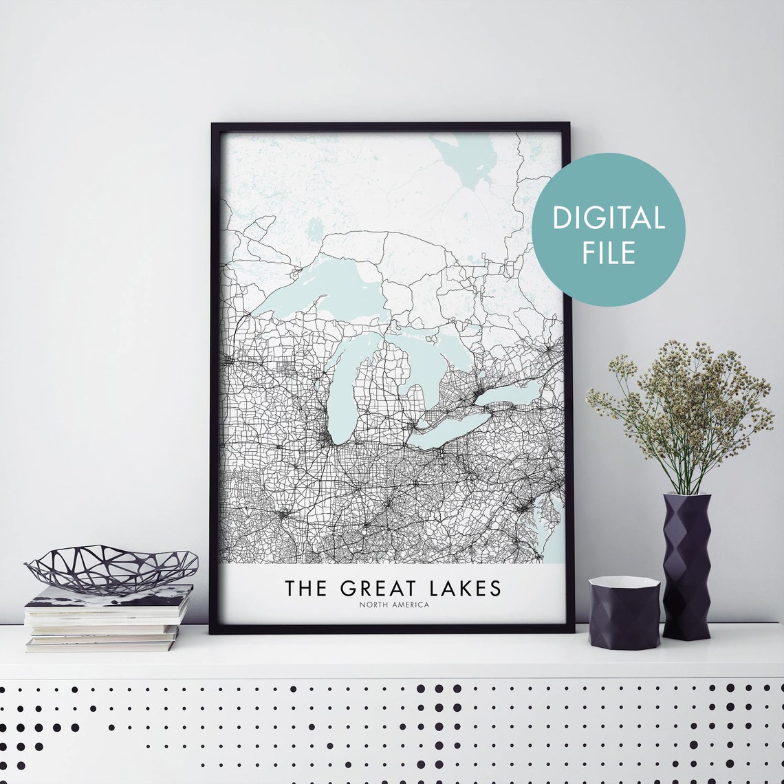 The Great Lakes North America Map Minimalist Midwest Wall Poster