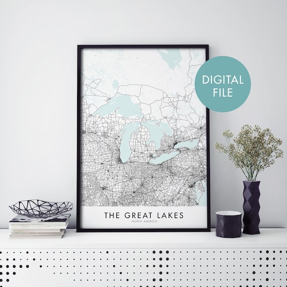 The Great Lakes North America Map Minimalist Midwest Wall Poster