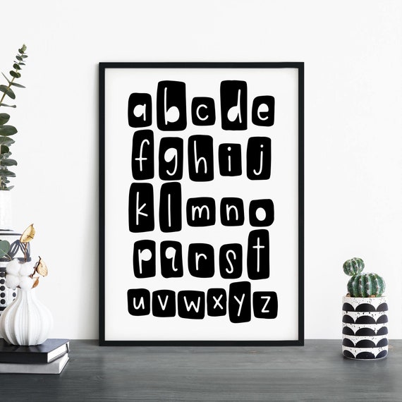 Alphabet Black White Text Poster Print Wall Art Childrens Kids Boys Girls Nursery Bedroom A4 A3 A2 A1