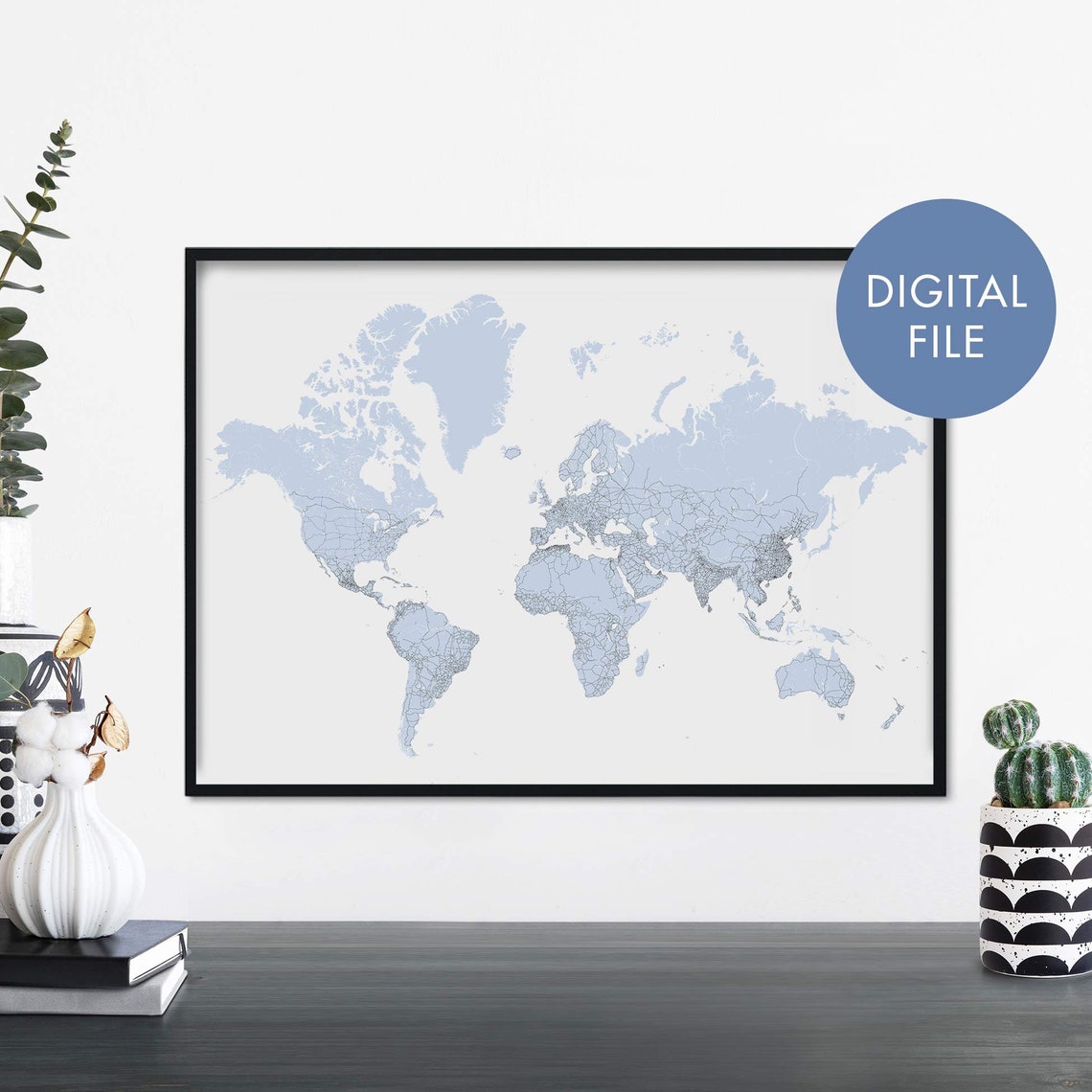 Light Blue World Map Minimalist Travel Geography Decorative Art Poster