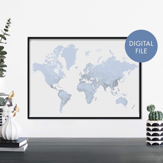 Light Blue World Map Minimalist Travel Geography Decorative Art Poster