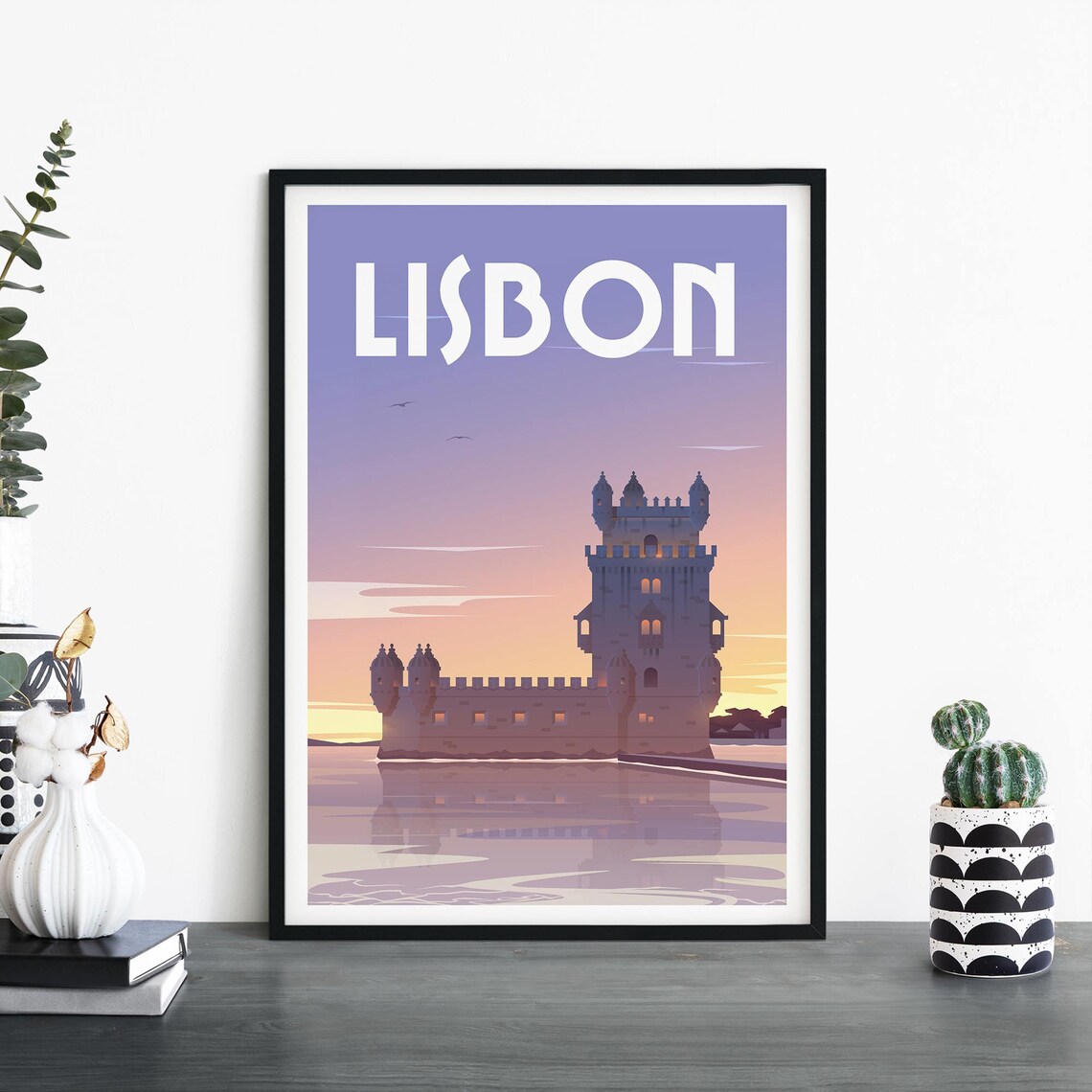 Lisbon Portugal Belem Tower Sunset Riverside Illustrated Travel Poster