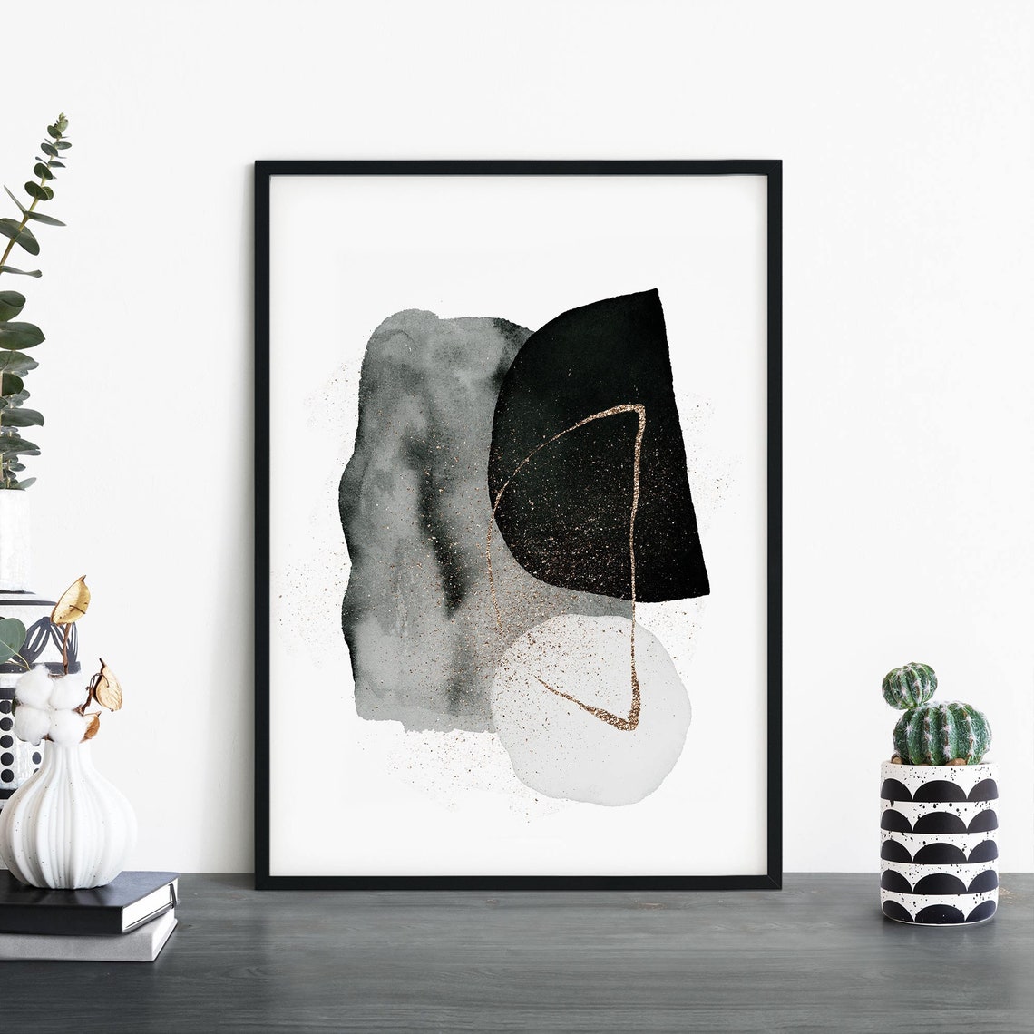 Charcoal and Gold Abstract Composition Minimalist Decor Poster