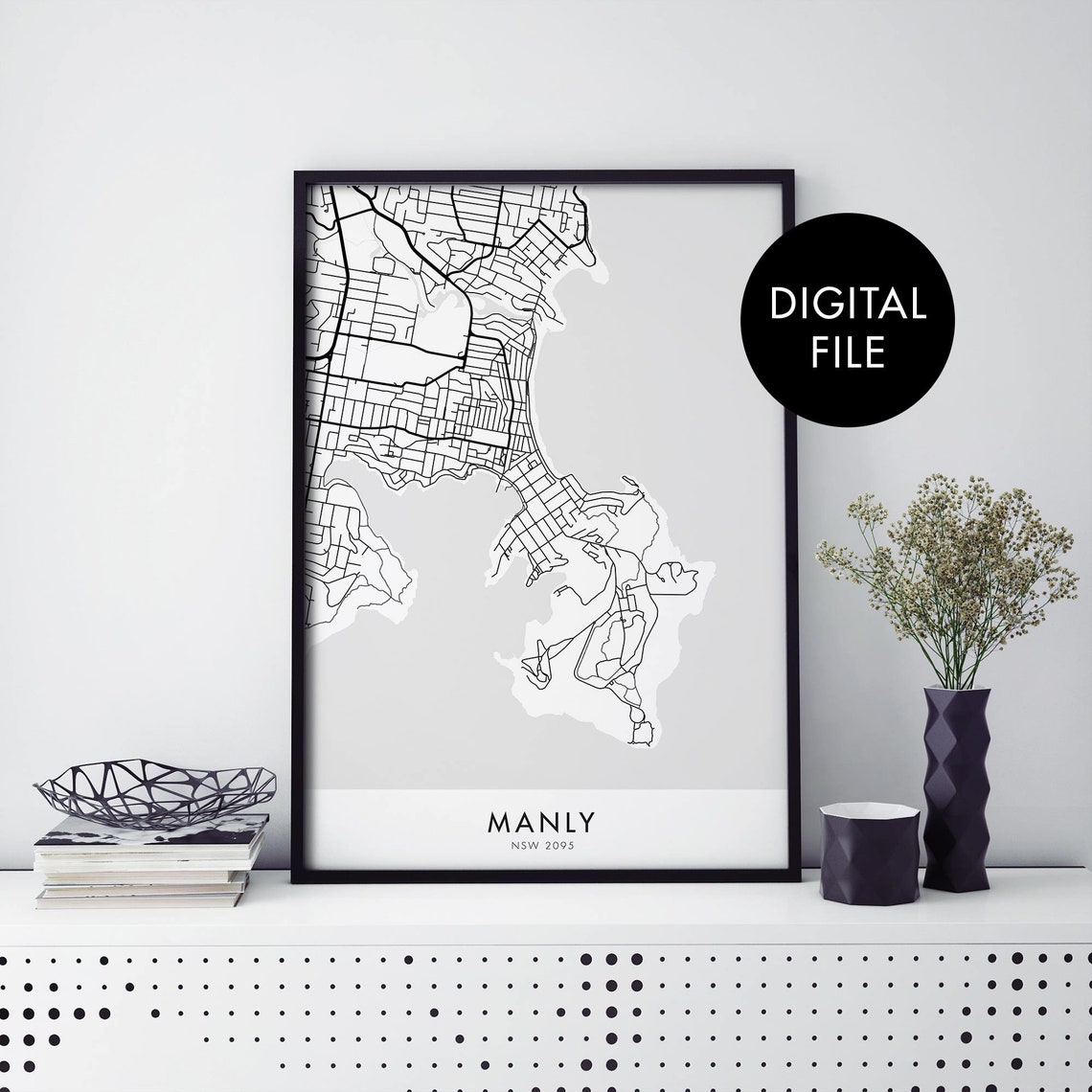 Manly Sydney Australia Black and White Coastal Street Map Poster