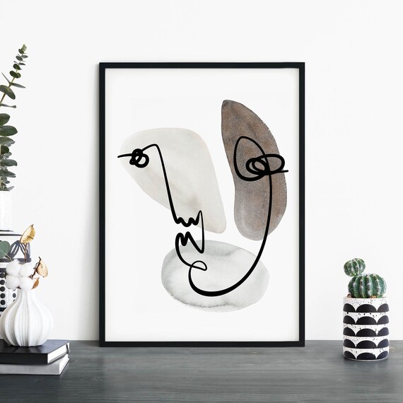 Abstract Line Art Face Taupe Watercolor Blobs Modern Boho Art Print