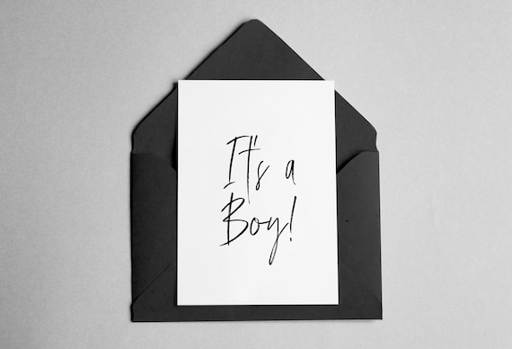 New Baby Boy Announcement Card Brush Script Calligraphy Stationery Print