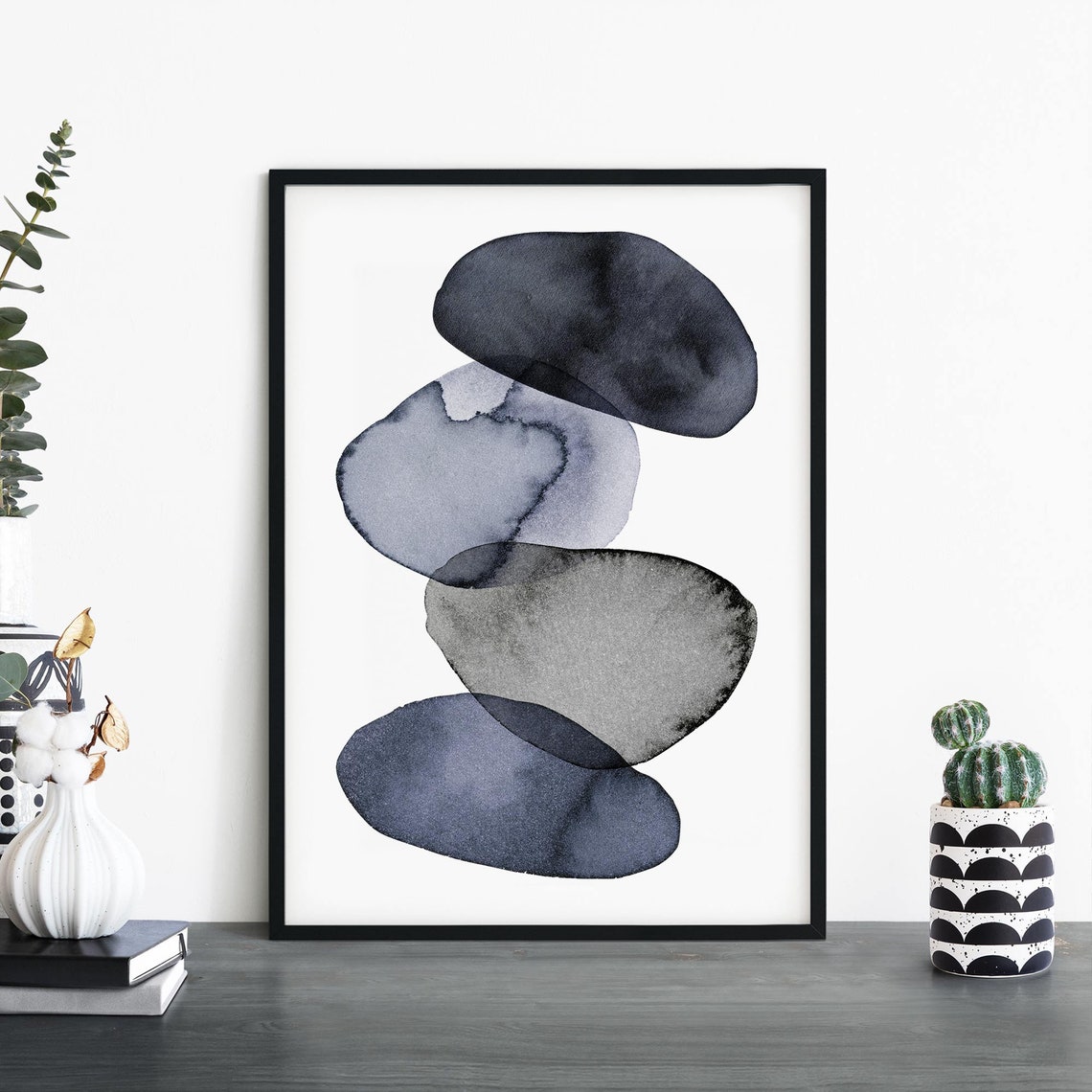 Dark Navy Watercolor Stacked Pebbles Abstract Modern Art Poster