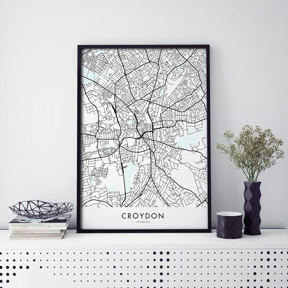 Croydon London England Black White Street Map City Art Print