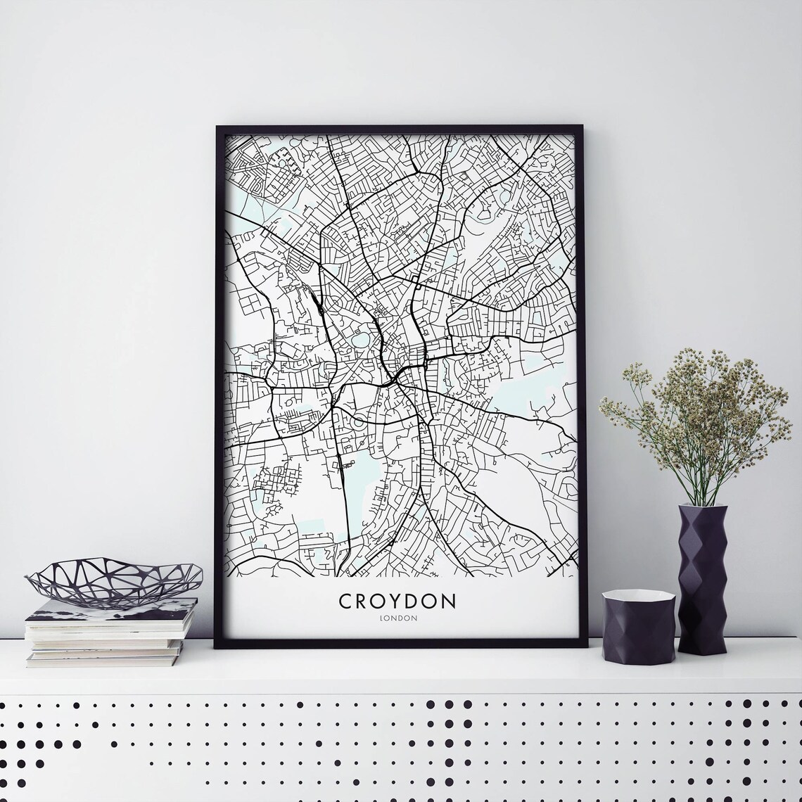 Croydon London England Black White Street Map City Art Print
