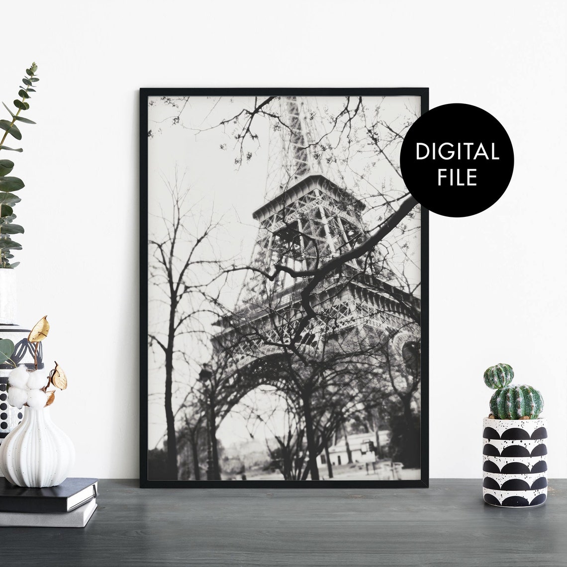 Blurred Eiffel Tower Through Bare Branches Black White Photo Poster