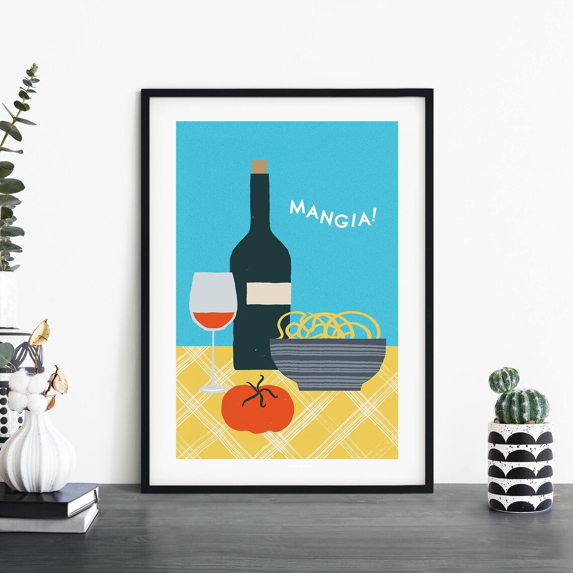 Mangia Pasta Wine Italian Kitchen Retro Food Illustration Decor Poster