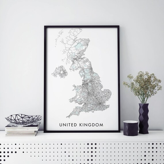 United Kingdom Country Road Map Minimalist Line Art Wall Poster