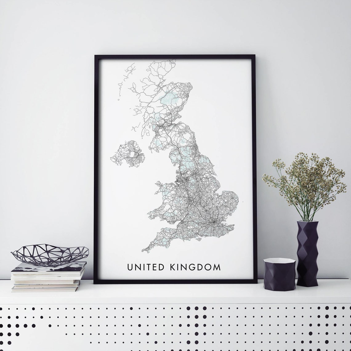 United Kingdom Country Road Map Minimalist Line Art Wall Poster