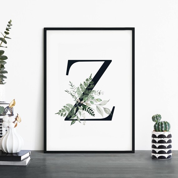 Botanical Letter Z Monogram Initial Watercolor Greenery Art Poster