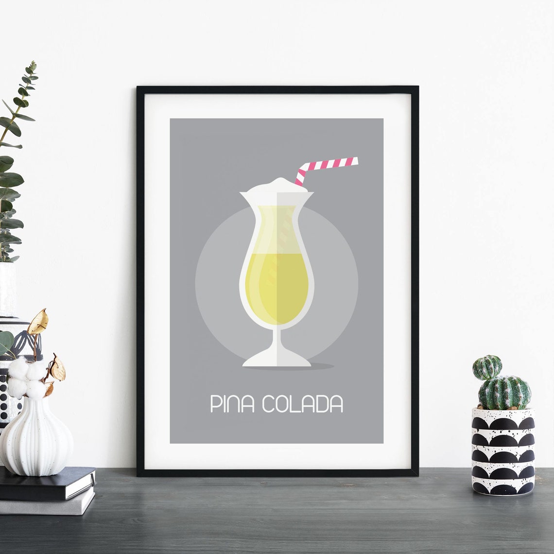 Pina Colada Gray Minimalist Cocktail Illustration Art Poster