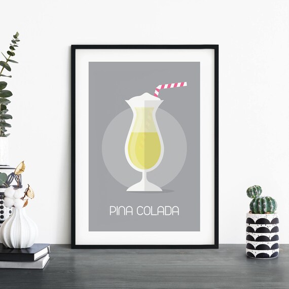 Pina Colada Gray Minimalist Cocktail Illustration Art Poster