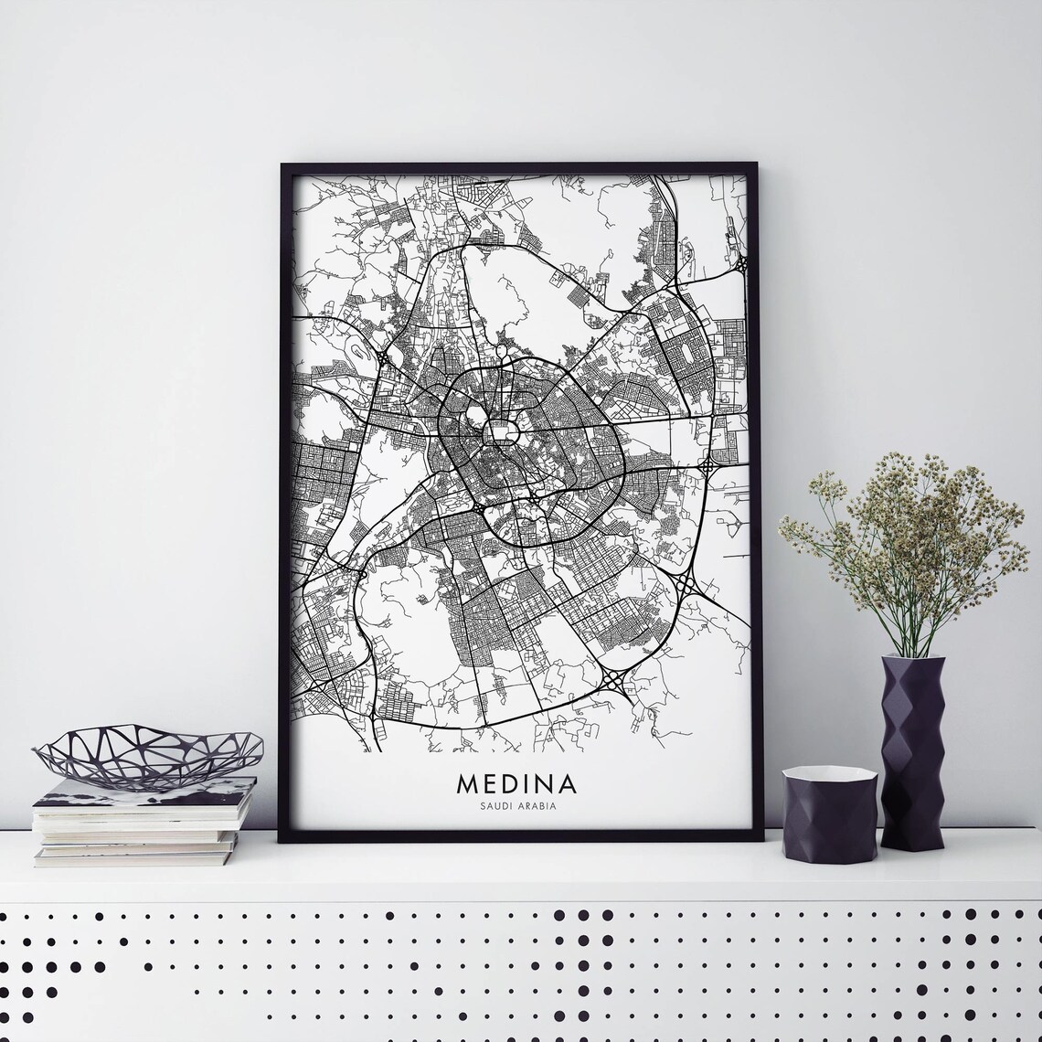Medina Saudi Arabia Holy City Detailed Black Street Map Travel Poster