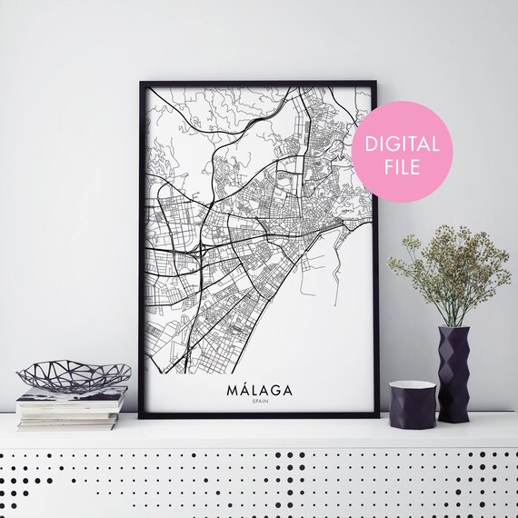 Malaga Spain Black And White City Street Map Coastal Art Print