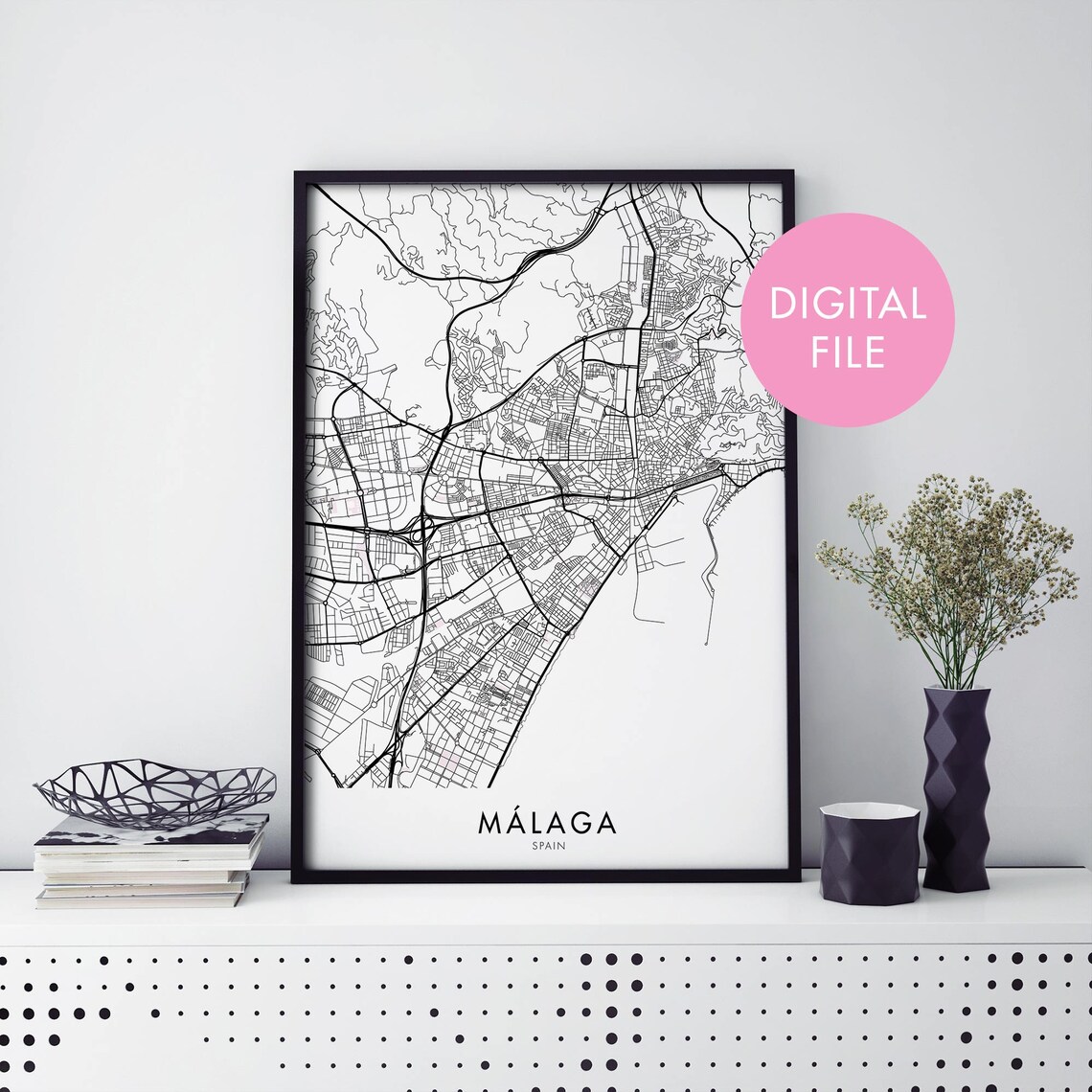 Malaga Spain Black And White City Street Map Coastal Art Print