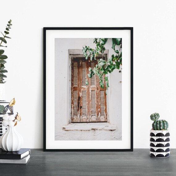 Weathered Wooden Shutters on White Mediterranean Wall Photo Print