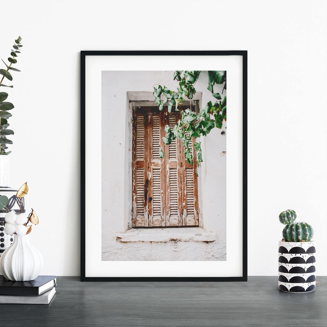 Weathered Wooden Shutters on White Mediterranean Wall Photo Print