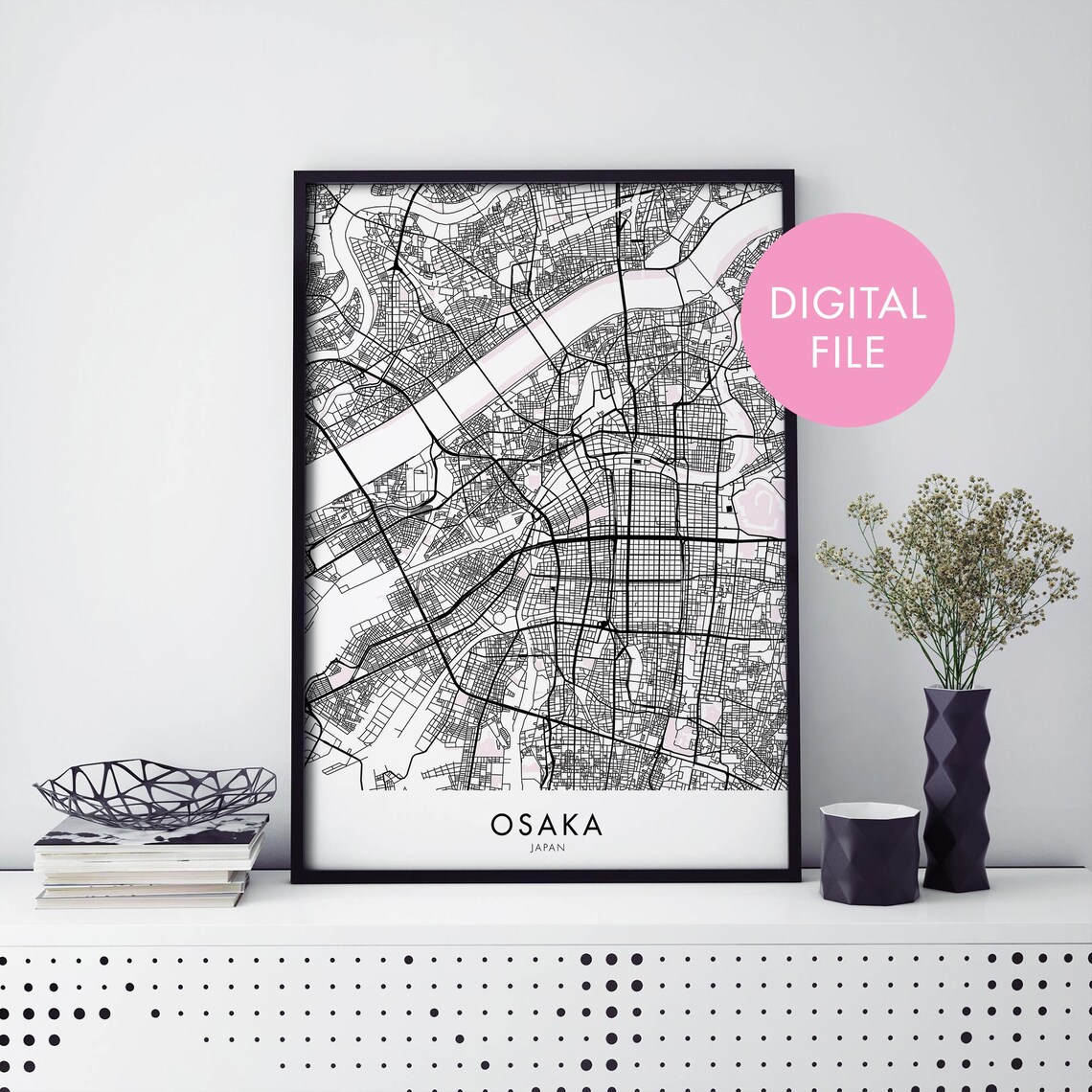 Osaka Japan Minimalist City Map Street Art Digital File Poster