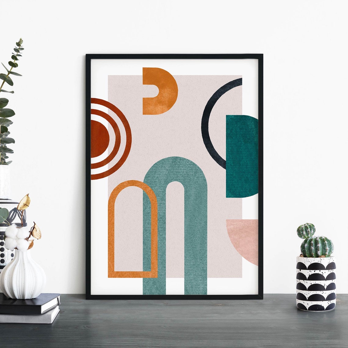 Teal Rust Arches Mid Century Modern Geometric Abstract Wall Poster
