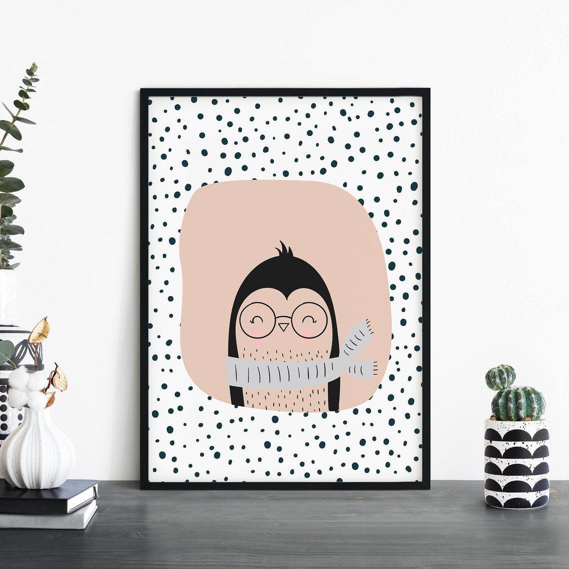 Cute Penguin With Glasses And Scarf Kids Nursery Wall Art Decor