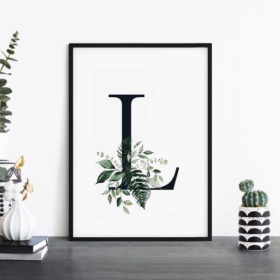 Botanical Letter L Monogram Print with Watercolor Green Foliage