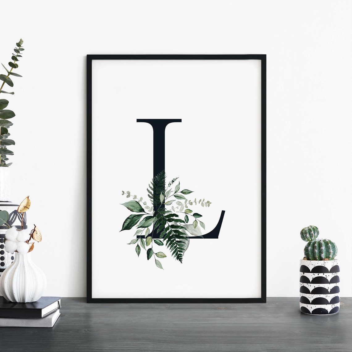 Botanical Letter L Monogram Print with Watercolor Green Foliage