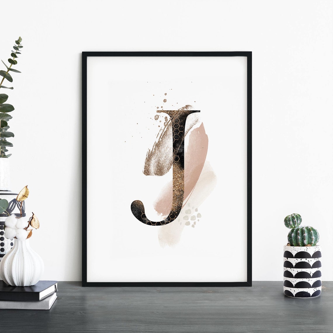 Elegant Letter J Gold Glitter Watercolor Monogram Alphabet Print