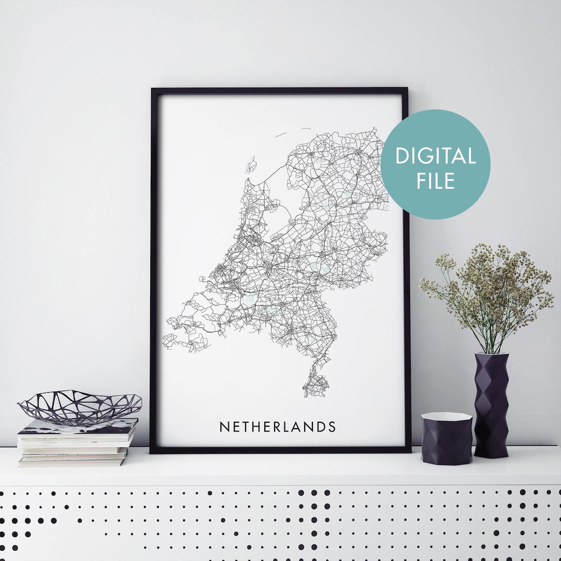 Netherlands Country Road Map Line Art Minimalist Travel Poster